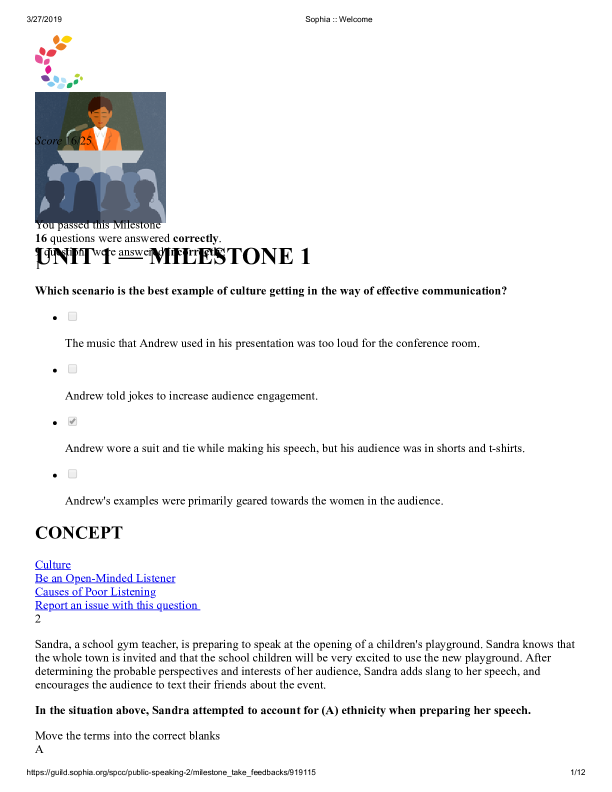 Preview image for Sophia Public Speaking Unit 1 Milestone, Updated Revision Study Guide, Correctly Answered Questions, Test bank Questions and Answers with Explanations (latest Update), 100% Correct, Download to Score A